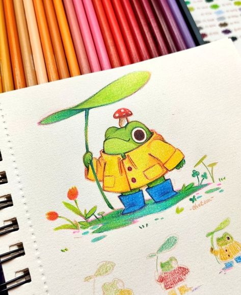 cute frog toad rain magical whimsical kidlit illustration of a colorful frog mushroom on the head holding a green leaf plant surrounded by orange tulips made with colored pencils on a sketchbook by chetom Traditional Illustration, Pencil Inspiration, Color Pencil Illustration, Frog Illustration, Frog Drawing, Yellow Raincoat, Frog Art, Cute Doodle Art, Dessin Adorable