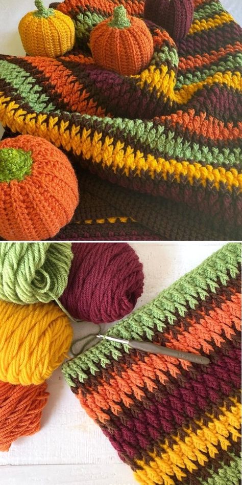 Beautiful Fall Crochet Afghan Ideas - Pattern Center Pumpkin Crochet Blanket Pattern Free, Interesting Crochet Blanket, Fall Crocheting Ideas, Mood Blanket Crochet Ideas, Fireside Blanket Crochet, Halloween Afghan Crochet, Fall Crochet Blanket Color Combos, Neon Crochet Blanket, Fall Crochet Blankets