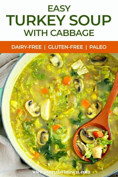 This Easy Turkey Soup with cabbage and turmeric is the perfect way to use up leftover turkey! Naturally Gluten Free and Low Carb#turkeysoup #easysoup #easyturkeysoup #lowcarbsoup #cabbagesoup Turkey Cabbage Soup, Easy Turkey Soup, Turkey Cabbage, Soup With Cabbage, Turkey Soup Recipe, Aip Paleo Recipes, Paleo Meal Plan, Leftover Turkey Recipes, Easy Turkey