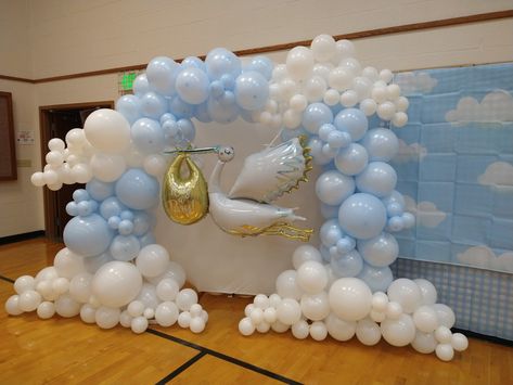 Stork themed arch, blue sky and cloud  balloon arch Cloud Balloon Arch, Stork Baby Shower Theme, Balloon Structures, Blue Balloon Arch, Stork Baby Showers, Shower Balloons, Blue Sky Clouds, Blue Balloons, Blue Clouds