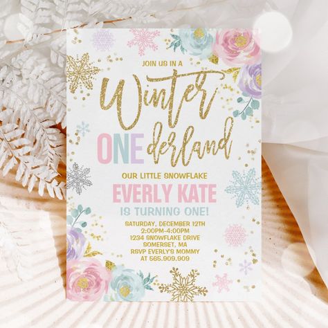 1st Birthday Winter Onederland, 1st Birthday Winter, Winter Onederland Party Girl, Frozen Background, Winter Onederland Birthday Invitations, First Birthday Winter, Baby First Birthday Themes, Winter Onederland Birthday Party, Birthday Invitation Pink