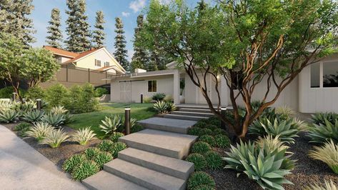 Front Yard Mid Century Landscaping, California Yard Landscaping Ideas, Slanted Front Yard Landscaping, Modern Mediterranean Landscape Design, Front Yard Steps Landscaping, Front Yard Design Layout, Steps Front Yard, Drought Resistant Landscaping Front Yard, Modern Landscape Design Front Yard Entrance