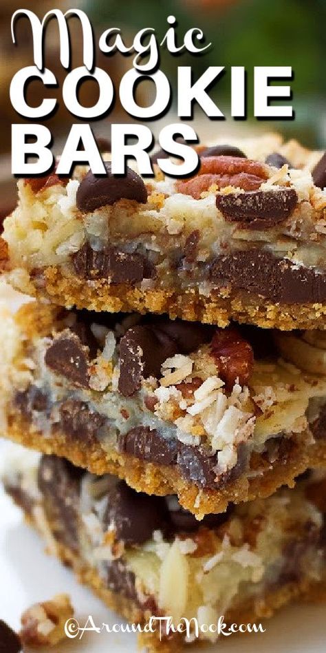 Three Mom's Magic Cookie Bars stacked on top on one another, with a title No Bake Condensed Milk Desserts, Recipes With Graham Cracker Crumbs, Eagle Brand Magic Cookie Bars, Eagle Brand Recipes, Condensed Milk Desserts, Magic Bars Recipe, Magic Cookie Bar Recipe, Gooey Bars, Graham Cracker Recipes