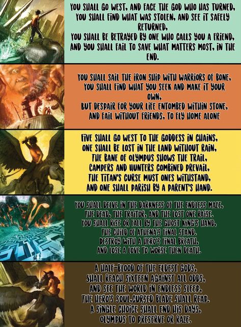 All five prophecies from the first five Percy Jackson books because i couldn’t find any nice ones online :) Pjo Prophecies, Percy Jackson Prophecies, Percy Jackson Prophecy, Percy Jackson Outfits, Trials Of Apollo, Magnus Chase, Kane Chronicles, The Heroes Of Olympus, Percy Jackson Books