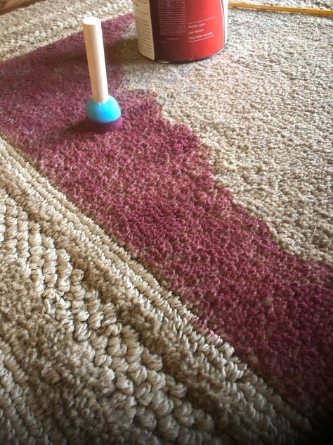 When You Can’t Find a Rug, Paint One! Diy Rug Painting, Metal Desk Makeover, Stencil Rug, Burgundy Bathroom, Rug Painting, Faux Brick Backsplash, Stenciled Curtains, Burgundy Walls, Vintage Milk Can