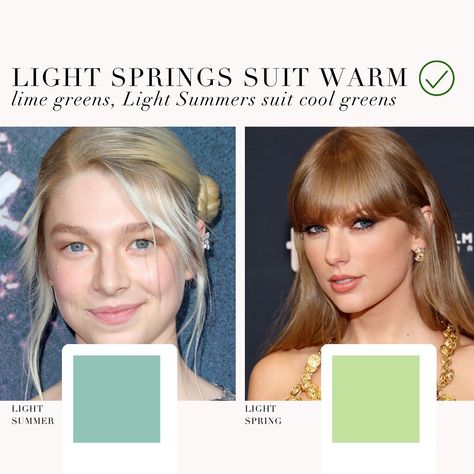 Color analysis for Light Summers show the cool greens best as shown in the swatch on the left. The Light Spring palette suits warm lime greens, shown in the swatch on the right. Clear Spring Blonde Hair, Bright Cool Light Color Palette, Light Spring Vs Soft Autumn, Spring Colour Analysis, Soft Spring Color Palette, Summer Undertone, Summer Pallet, Season Analysis, True Spring Color Palette