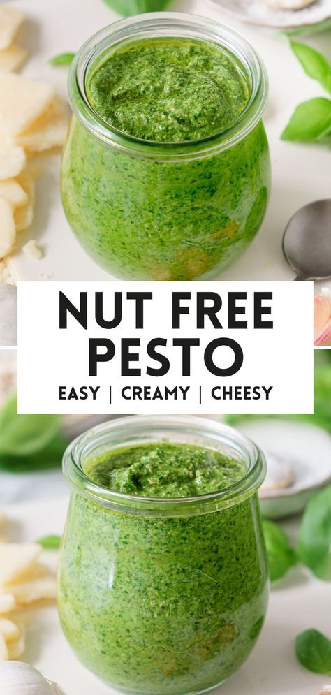 nut free pesto Pesto Recipe No Nuts, Marinades For Chicken, Classic Pesto Recipe, Toasted Rice, Nut Free Pesto, How To Make Pesto, Nut Recipes, Homemade Pesto, Pesto Recipe