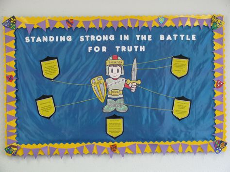 armor of God bulletin board Armour Of God Bulletin Board, Armor Of God Bulletin Board Ideas, Armor Of God Decoration Ideas, Armor Of God Bulletin Board, Armor Of God Vbs Decorations, Knight Vbs, Vbs Armor Of God, Bible School Themes, Keepers Of The Kingdom