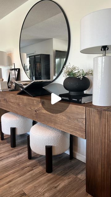 Gilla Leigh Home Designs on Instagram: "Have you ever loved a piece of furniture so much, that you decided to get a second one ? 

Well that’s exactly what I did:) I received so much love about the gorgeous black console table , in my dining room, that I got a sistering one for my family room.

I’m obsessed with this “soft brown” colored console table. The beautiful wood grain is stunning and looks great in my family room. 

The gorgeous modern lines and the beautiful warm wood, is the definition of organic modern design.

This beautiful solid wood table is a statement piece in any home. I love that it comes in so many different sizes, I personally am obsessed with this 96in length.

Check out my previous video showcasing this same table in black , that I used in my dining room:)
.
.
You c Black Console Table Decor, Console Table Styling Modern, Organic Modern Design, Magnolia House, Console Table Styling, Black Console Table, Console Table Decorating, Length Check, Black Console