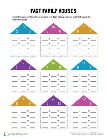 Worksheets: Fact Family Houses Number Family Worksheets, Fact Family Worksheet, Houses Kitchen, Family Houses, Family Worksheet, Missing Numbers, Long Vowels, Subtraction Facts, Subtraction Worksheets