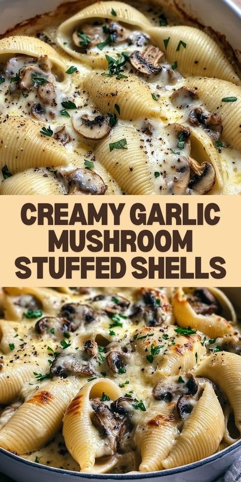 These Creamy Garlic Mushroom Stuffed Shells are the ultimate comfort food! Jumbo pasta shells stuffed with a savory garlic mushroom filling, smothered in a rich and creamy sauce, make for a hearty and satisfying dish. Perfect for dinner parties, special occasions, or a cozy family meal, these stuffed shells are a guaranteed crowd-pleaser. Easy to make and full of flavor, they’re a must-try for pasta and mushroom lovers! #StuffedShells #GarlicMushrooms #ComfortFood #PastaRecipes🍄🍽️ Chicken And Mushroom Stuffed Shells, Stuffed Shells Dairy Free, Stuffed Shells Salmon, Spicy Stuffed Shells, Stuffed Big Shell Pasta, Healthier Stuffed Shells, Stuffed Pasta Recipe, New Years For Kids Food, Stuffed Shells Mushroom