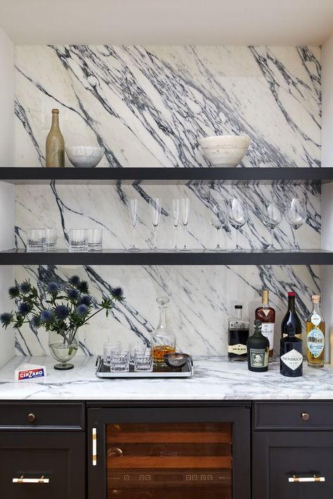 Augusta Hoffman, Silver Textured Wallpaper, Bar Nook, Home Wet Bar, Marble Shelf, Marble Bar, Wallpaper Ceiling, Built In Bar, Marble Backsplash