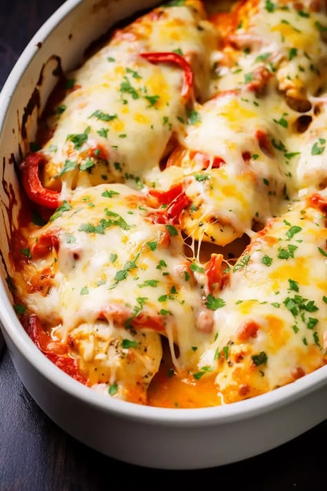 Cheesy Baked Chicken breast and Peppers - That Oven Feelin Chicken Peppers And Cheese, Cheesy Baked Chicken And Peppers, Cheesy Baked Chicken, Pepper Rings, Baked Chicken Breasts, Chicken With Italian Seasoning, Oven Baked Chicken Breasts, Chicken Breast Recipes Baked, Cheese Stuffed Peppers