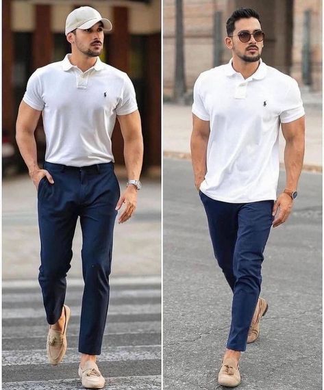 Polo Tshirt Men Outfit Formal, Polo T Shirts For Men Outfit, Polo Tshirt Men Outfit, White Polo Shirt Outfit Men, White Polo Shirt Outfit, Polo Shirt Outfit Men, Business Casual Attire For Men, Mens Wardrobe Essentials, Jeans And T Shirt Outfit