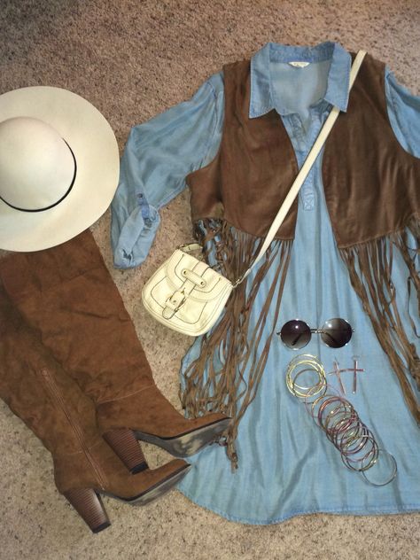 Today, I'm in a BOHO state of mind....one of my all-time face fashion trends! So, here's a little Boho outfit inspiration! Enjoy! Fringe vest, Floppy Brim hat and sunglasses from Forever21, Chambray Shirtdress from Kohl's,  Boots (Cornelia) from JustFab, Crossbody bag from Aldo, Bangles & Cross earrings from Country Outfitters. Remember: Bear with me y'all! I'm on the journey of starting a new Fashion Blog (Faith2Fashion.com) for we curvy gals over 40 (although everyone is welcome) Cowgirl Outfits Party Hombre, Cowgirl Outfits Corset, Fringe Belt Outfit Western, Fringe Vest Outfit Country, Curvy Cowgirl Outfits, Curvy Western Outfits, Fringed Vest Outfit, Cute Outfits With Hats, Stampede Outfit