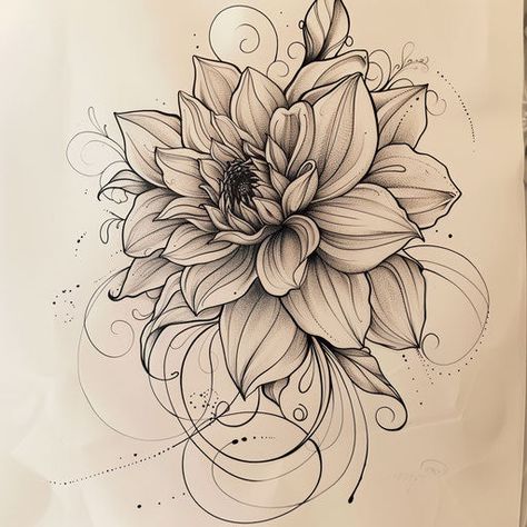 Dahlia Tattoo Flash Pack Peony And Lotus Flower Tattoo, Dahlia Hip Tattoo, Delilah Flower Drawing, Daliah Flower Tattoos, Dahlias Tattoo, Dalia Flower Tattoo, Dahlia Tattoo Design, Black Dahlia Tattoo, Dahlia Flower Tattoo