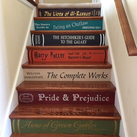 Stairs Diy Renovation, Book Staircase, Stenciled Stairs, Book Stairs, Stairs Makeover Design, Diy Stairs Makeover, Stairs Makeover Ideas, Stair Decals, Painted Staircases