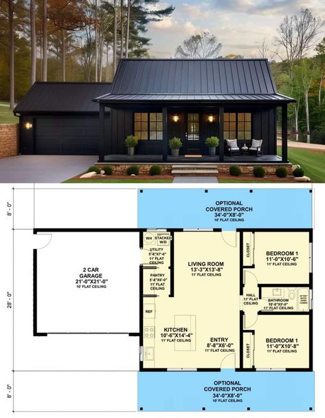 Tiny Barndominium Floor Plans, American House Design, Building A Small House, Affordable Homes, Small Cottage Homes, Small Tiny House, Small House Floor Plans, Building Plans House, Cabin House Plans