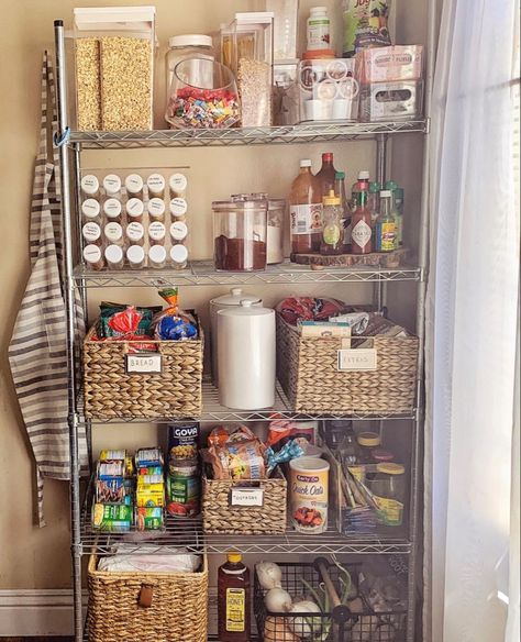 No Pantry Organization, No Pantry Ideas, Open Pantry Ideas Small Kitchen, Portable Pantry Ideas Apartments, Apartment Pantry Ideas Small Spaces, Metal Shelves Pantry, Studio Apartment Pantry Ideas, Open Organization, House Without Pantry