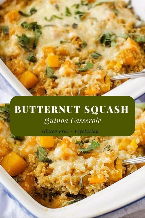 Turkey Quinoa Casserole, Butternut Squash Ground Beef Casserole, Butternut Squash Quinoa Casserole, Quinoa And Squash Recipes, Plant Based Butternut Squash Recipes, Quinoa Butternut Squash Recipes, Hearty Vegetarian Meals, Butter Squash Recipe, Quinoa Casserole Recipes