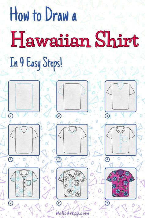 9 steps demonstrating how to draw a how to draw a Hawaiian shirt for kids. Hawaiian Shirt Drawing, Glow Gallery, Nautical Drawing, Beach Drawings, Hawaiian Painting, Kids Sketch, Perfect Drawing, Beach Drawing, Spring Art Projects