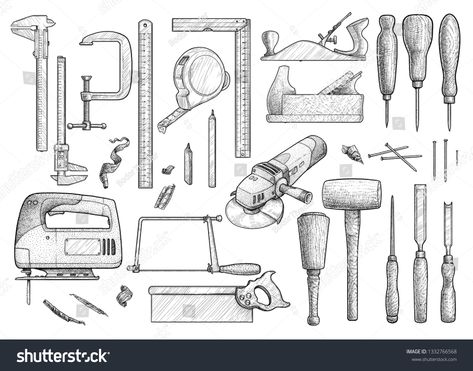 Carpentry, industrial tool, illustration, drawing, engraving, ink, line art, vector\n #Ad , #SPONSORED, #illustration#drawing#tool#Carpentry Carpentry Tattoo, Neuro Tattoo, Art Tools Illustration, Industrial Drawings, Tool Illustration, Tools Illustration, Ink Line Art, Woodshop Tools, Square Tattoo