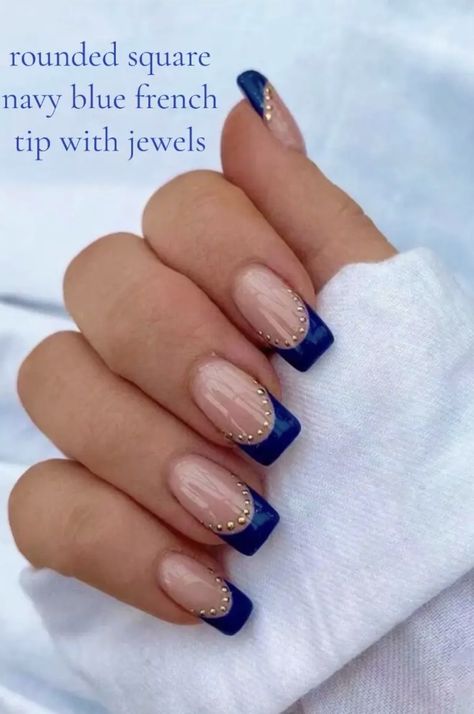 Simple Royal Blue Nails, French Tip With Jewels, Navy Blue French Tips, Blue French Tips Nails, French Tips Nails, Blue French Tip, Royal Blue Nails, Tips Nails, Blue French Tips