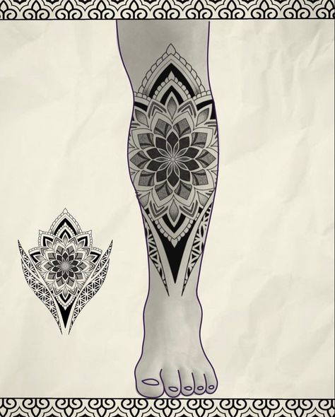 Mandala Knee Tattoos Women, Maori Tattoo Designs Leg, Shri Yantra Tattoo, Mandala Leg Tattoo, Mandala Tattoo Mann, Mandala Dot Work, Geometric Tattoo Stencil, Yantra Tattoo, Calf Tattoo Men