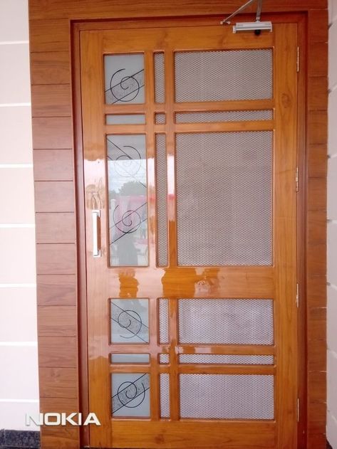 Wood Grill Door Design, Wood Net Door Design, Jali Doors Wooden, Door Net Design Modern, Mesh Door Design Wooden Main Door, Single Jali Door Design, Mess Door Design, Jali Gate Design Wooden Single Door, Door Jali Design Main