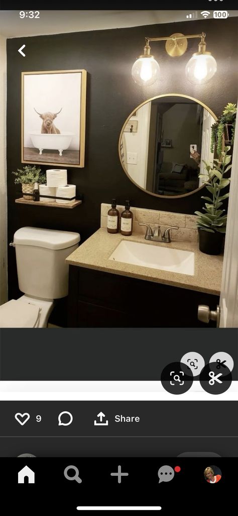 Black And Tan Bathroom, Black Half Bathroom, Gold Bathroom Rugs, Japandi Bathroom Ideas, Dark Brown Bathroom, Japandi Bathroom Design, Tan Bathroom, Black Powder Room, Luxury Powder Room