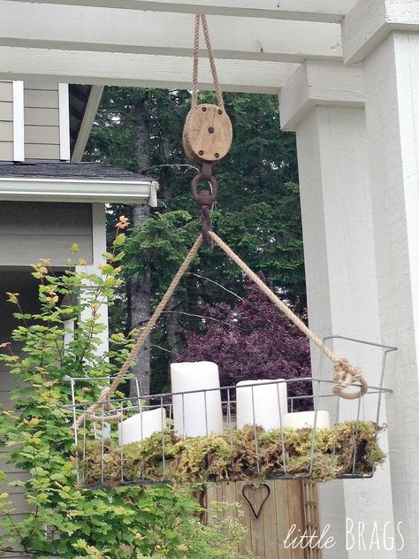 DIY Hanging Wire Basket On An Old Pulley Basket Hanging On Wall, Spray Painted Baskets, Pulley Ideas, Small Chalkboard Signs, Copper Basket, Hanging Wire Basket, Garden Fairies, Boho Lamp, Pastel Bows