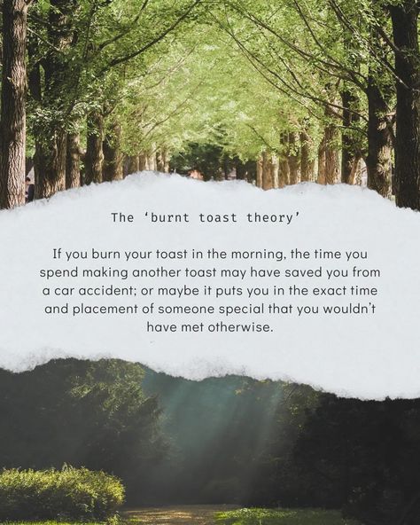 what if a piece of burnt toast could change your life? 🍞 Maybe all it takes is that ONE thing to change your life. That train you missed, spilling a coffee or an unexpected phone call. 💬 I’m curious. Have you had an experience that fits this theory? 🫶🏼  If you’ve read this far, this is a reminder that setbacks in life can often lead to something greater. There are things in life that are completely out of our control, but maybe it’s happening for a reason.🤍 credit to @offthe__grid on TikT... Burnt Toast Theory, Random Theories, Theory Of Life, Burnt Toast, 2025 Vision, Meaning Of Life, For A Reason, Phone Call, Change My Life