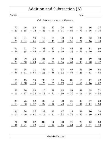 The 100 Two-Digit Addition and Subtraction Questions with Sums/Minuends to 99 (A) math worksheet from the Mixed Operations Worksheet page at Math-Drills.com. Grade 2 Math Worksheets Addition And Subtraction, Addition And Subtraction Worksheets 2nd, Math Worksheets 2nd Grade, Subtraction Facts Worksheet, Two Digit Addition, Multiplication Facts Worksheets, Math Facts Addition, Math Fact Worksheets, Math Addition Worksheets