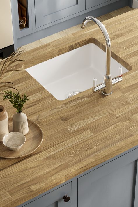 Looking for modern, kitchen ideas? Check out our Howdens Solid Oak Wood Worktop. The modern worktop looks gorgeous when paired with the our Chilcomb Dusk- blue In-Frame Kitchen and Lamona Victorian Polished Chrome 3 in 1 Hot Water Tap. Together this creates a smart, modern design which will be the perfect addition to a contemporary home. Dusk Blue Kitchen, Hot Water Tap, Howdens Kitchens, Frame Kitchen, Butcher Block Countertop, Real Milk Paint, White Worktop, Kitchen Surface, Wood Worktop