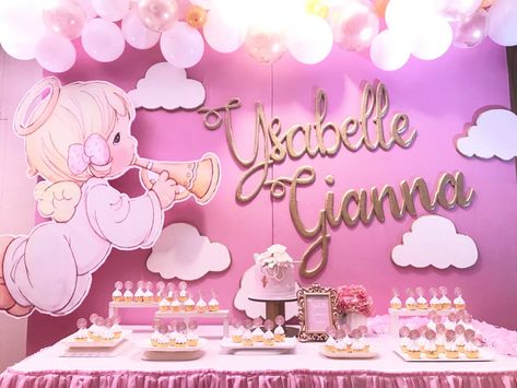 Precious Moments Party Theme, Precious Moments Decorations Party, Precious Moments Birthday Party, Baptismal Theme Girl Backdrops, Precious Moments Baby Shower Theme, Precious Moments Baby Shower Ideas, Angel Theme Birthday Party, Precious Moments Party, Precious Moments Birthday