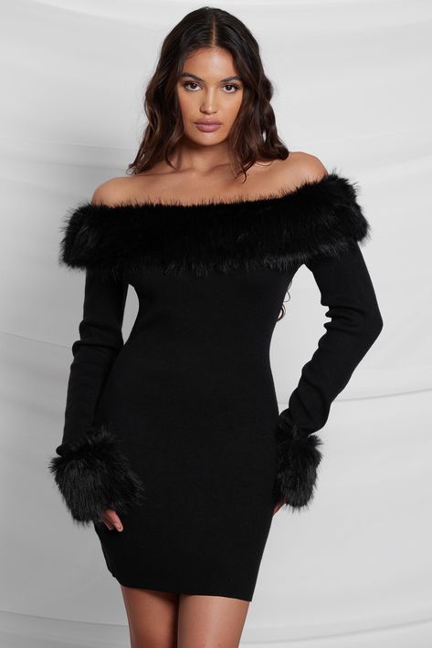 Crafted from soft yet thick knit material, our new Fira Fur Trim Knit Mini dress is designed for the most special occasions. The off shoulder neckline features a luxurious faux fur trim and skims down the body to a bodycon mini dress. The long sleeves compliment the neckline with matching fur trim. For a complete look, Dress With Fur Coat, Off Shoulder Neckline, Fur Dress, Fall 23, Knit Mini Dress, Hoco Dresses, Long Sleeve Bodycon, Slingback Pump, Mini Dress With Sleeves