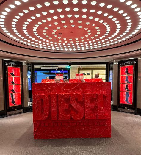 Diesel Aesthetic, Fashion Store Design, Harrods London, Diesel Store, Pottery Collection, Red Vinyl, 3d Logo, Display Design, Booth Design