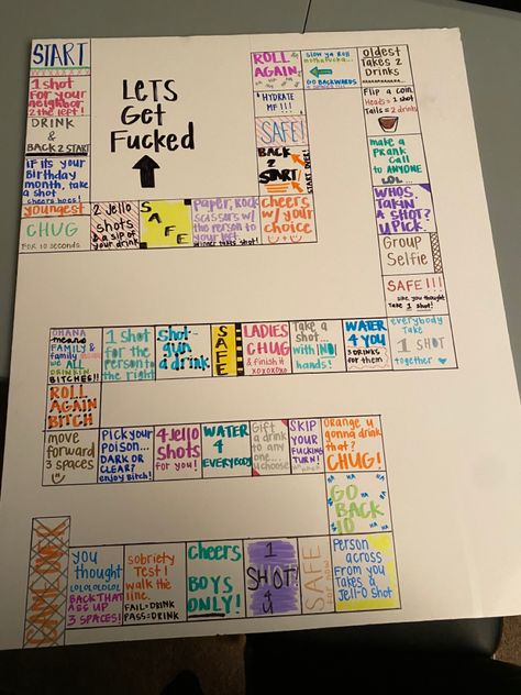 Custom game board made for adults/drinking Drinking Board Games For Couples, Girls Night Board Games Diy, Lets Get F Up Game Board Drinking, Blackout Board Drinking Game, Drunkopoly Board, Homemade Game Boards, Drunk Poster Board Game, Homemade Drinking Board Game, Game Board Ideas Drinking