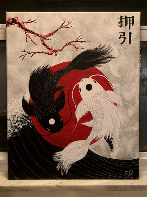 Chinese Painting Acrylic, Chinese Canvas Painting, Half And Half Canvas Painting Ideas, Japanese Canvas Art, Canvas Anime Painting Ideas, Painting Ideas Japan, Dragon Painting Canvas, Japan Canvas Painting, Small Anime Paintings