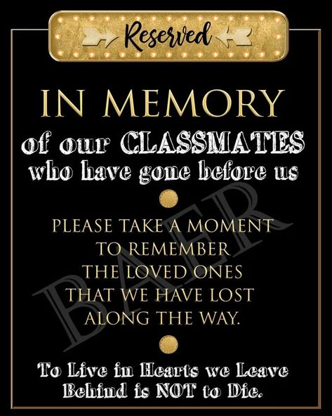 Reunion Memorial Table, School Reunion Decorations, In Memory Sign, Class Reunion Planning, 50th Class Reunion Ideas, Class Reunion Invitations, Reunion Centerpieces, High School Class Reunion, Class Reunion Decorations