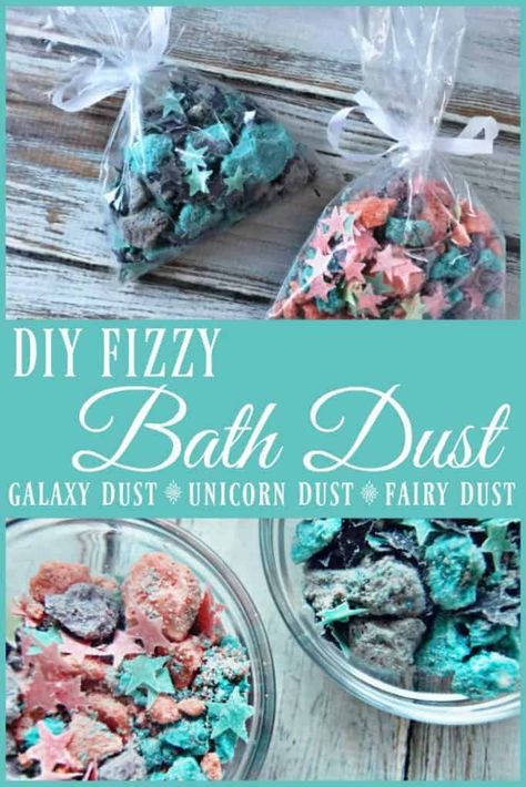 Are you ready to make your children squeal with delight? Are you ready to thrill your unicorn obsessed friends? Check out this DIY fizzy bath dust aka.... Fizzy Unicorn Dust or Fizzy Galaxy Dust or Fizzy Fairy Dust (you can really name it whatever you want or just go with plain jane Fizzy Bath Dust but personally Unicorn, Galaxy, and Fairy dust are the favorites). This DIY Fizzy Bath Dust is basically crumbled bath bombs with a dash of bath confetti. Bath Dust, Unicorn Dust, Săpunuri Handmade, Diy Hanging Shelves, Bombe Recipe, Bath Bomb Recipes, Bath Fizzies, Mason Jar Crafts Diy, Homemade Bath Products