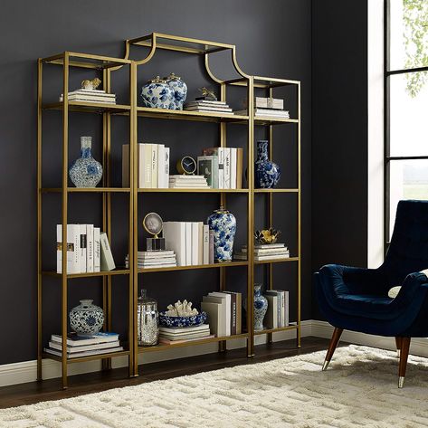 Gold Bookshelf, Bookshelf Aesthetic, Gold Furniture, Gold Decor, Living Room Furniture, Home Office, Office Decor, Office Furniture, Glam Office #bookshelf #livingroomfurniture #livingroomdecorideas #modern Gold Etagere, Gold Bookshelf, Glass Shelves In Bathroom, Gold Furniture, Cube Shelves, Tempered Glass Shelves, Etagere Bookcase, Decorating Shelves, Bookshelf Decor