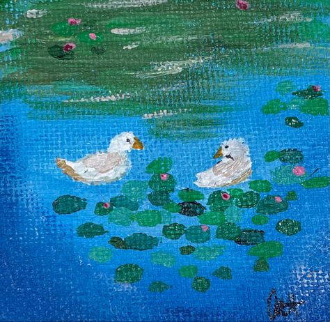 Painting Ideas Duck, Duck Paintings On Canvas, Duck In Pond Painting, Duck Pond Painting, Duck Painting Ideas, Easy Pond Painting, Simple Duck Painting, Animal Crossing Painting Ideas On Canvas, Cute Duck Painting