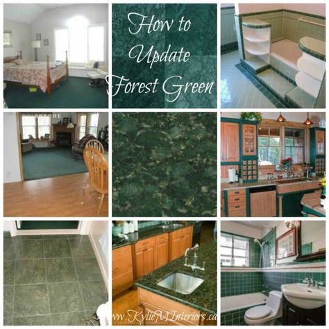 ideas for how to update forest green carpet, countertops, tile bathroom fixtures, tub and more using the best paint colours Green Tile Floor, Tubs Ideas, Green Countertops, Carpet Diy, Tile Carpet, Green Tile Bathroom, Bathroom Green, Countertop Bathroom, Best Paint