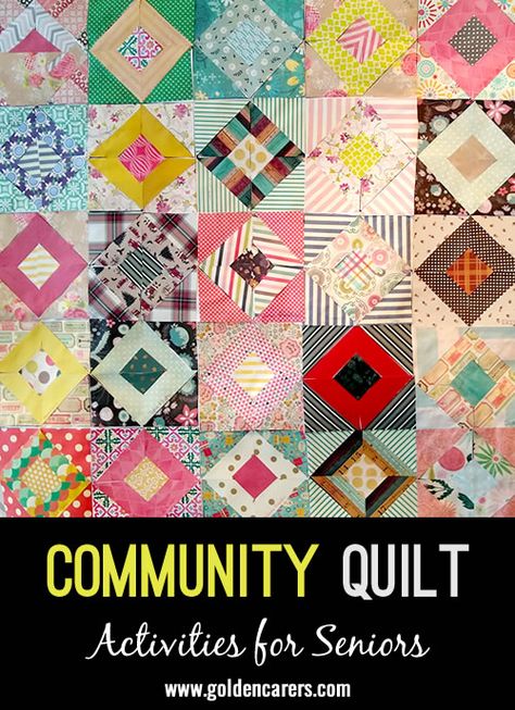 Community Scrapbook Quilt: As a 1:1 activity, I visit each resident and we make a paper quilt square. We attach them all together and eventually when we have restrictions lifted, we can all enjoy the "quilt" we made together. I call it the "We are in this Together Quilt". Intergenerational Activities Ideas, Elderly Games, Elderly Activities Crafts, Alzheimer's Activities, Elderly Crafts, Assisted Living Activities, Recreational Therapy, Nursing Home Gifts, Activities For Seniors