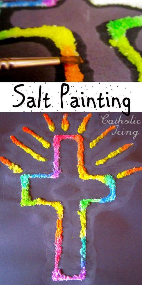 Recipies For Kids, Salt Paint, Good Friday Crafts, Christian Crosses, Palm Sunday Crafts, Jesus Crafts, Easter Crafts For Toddlers, Salt Painting, Children's Church Crafts