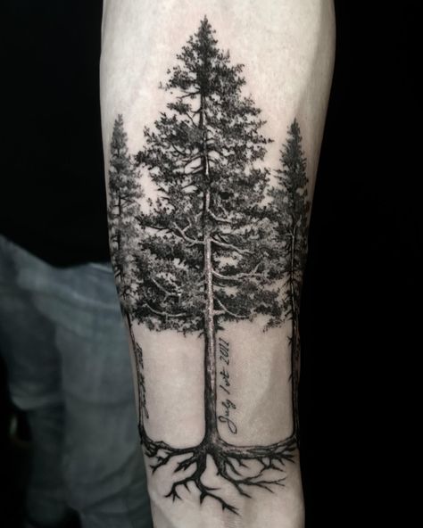 In the embrace of family roots: @jenskinart's signature black and gray realistic trees tattoo stands tall as a tribute to familial bonds. Each branch whispers stories of strength and connection, etched in ink as enduring as the family tree itself. 🌳🖤⁠ Tree Bicep Tattoo, Tree Tattoo Upper Arm, Oak Tree Tattoo Men, Realistic Tree Tattoo, Tree Root Tattoo, Family Tree Tattoo For Men, Tree With Roots Tattoo, Troy Tattoo, Root Tattoo