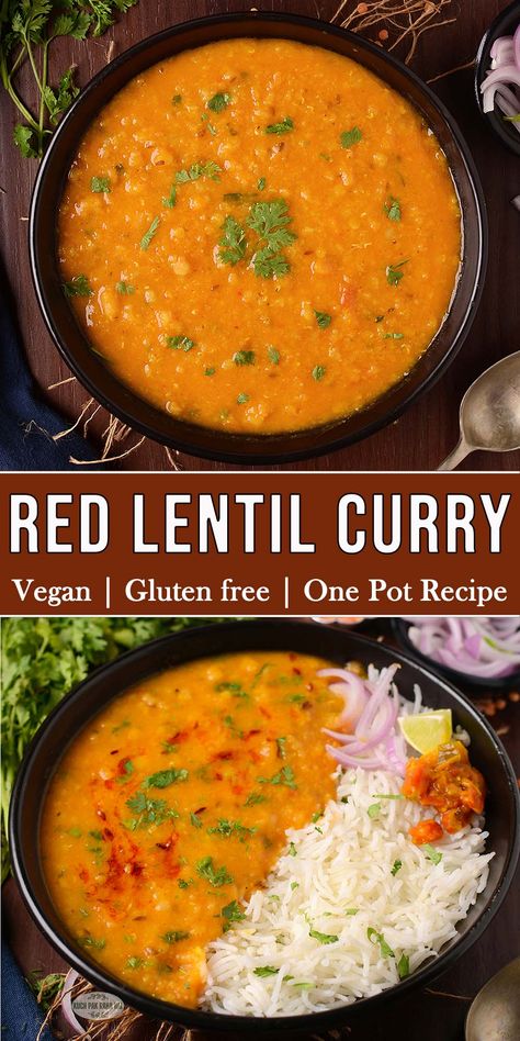 Red Lentil Curry (vegan) | Masoor Dal Red Lentil Curry Crockpot, Vegan Red Lentil Dahl, Lentil Tomato Curry, Indian Dal Recipe Lentil Curry, Dal Indian Recipes, Red Lentil Dal Recipe, Red Lintel Recipes, Red Dal Recipe, Indian Lentil Recipes