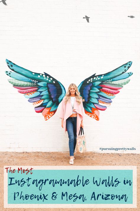 Instagrammable Walls in Phoenix and Mesa, Arizona - Pursuing Pretty Instagrammable Walls, Angel Wings Art, Selfie Wall, Instagram Wall, Angel Wings Wall, Mesa Arizona, Wings Art, Murals Street Art, Tableau Art