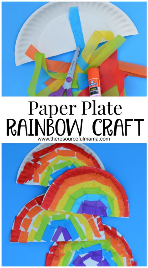 Tissue paper and paper plate rainbow kid craft for St. Patrick's Day or spring and summer. Paper Plate Rainbow, Cute Art Projects, Rainbow Craft, Summertime Crafts, March Crafts, St Patricks Day Crafts For Kids, Toddler Art Projects, Kids Crafting, Rainbow Paper